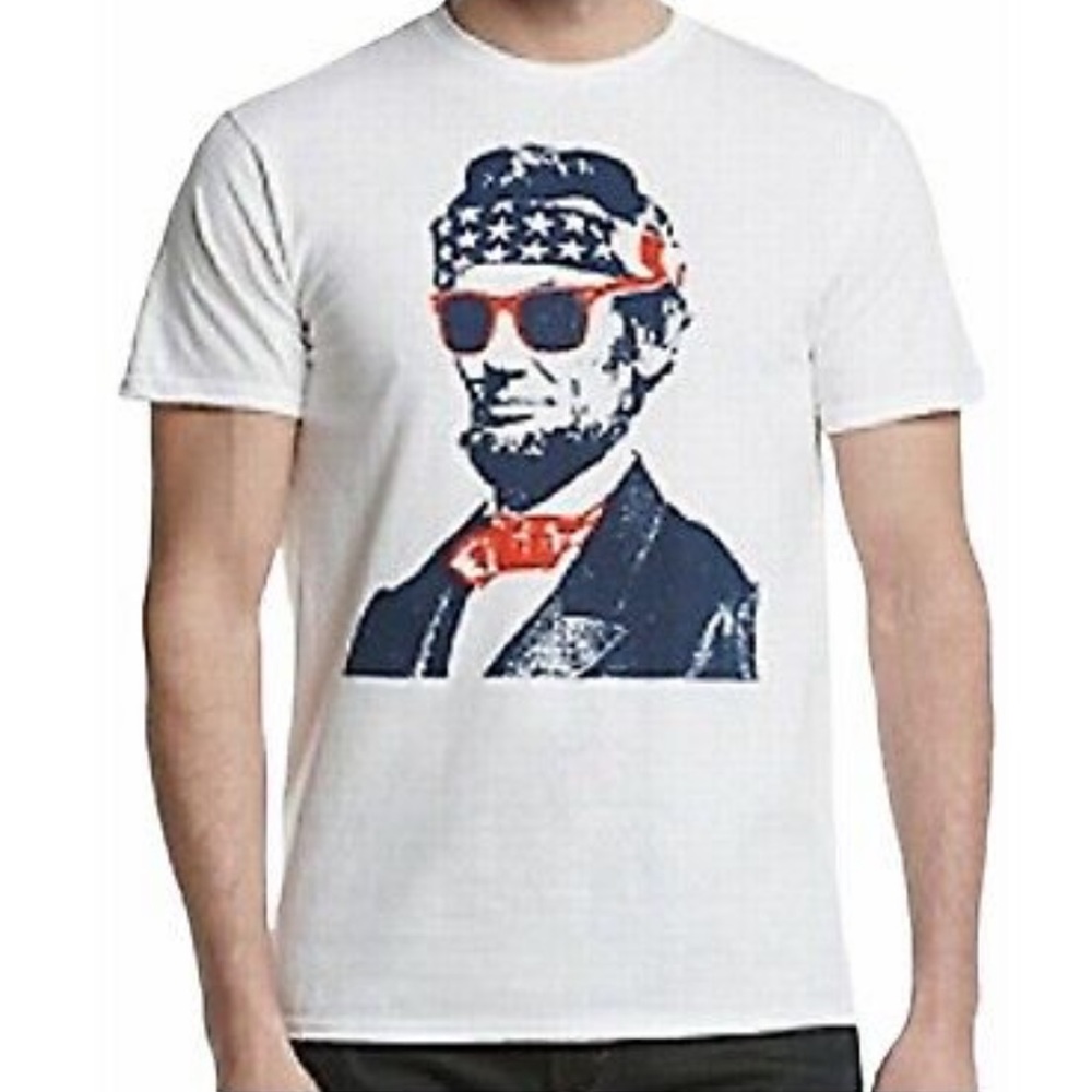 🔥WELL WORN🔥MENS ABE LINCOLN USA PATRIOTIC TEE T-SHIRT WHITE MEDIUM NWT